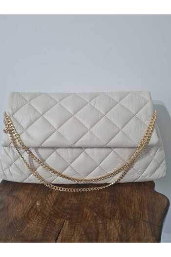 glowfit Women's Large Size Cream Color Quilted Patterned Chain Detailed Stylish Quality Hand and Shoulder Bag