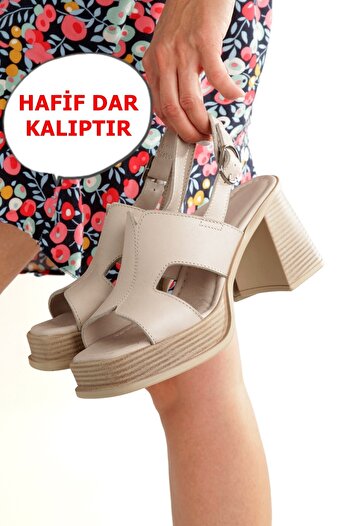 Modabuymus Nadiya Cream Stone Color Genuine Leather High Thick Platform Heels Women's Shoes