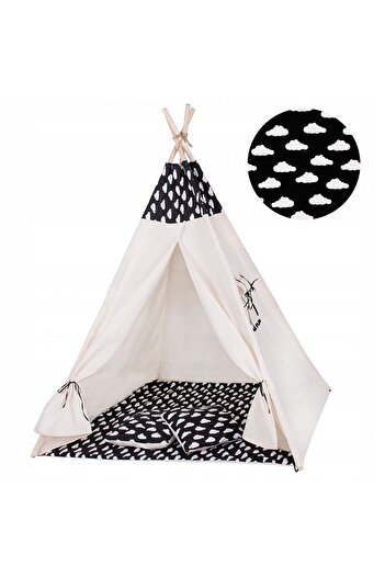 SERSIMO Cort copii stil indian Teepee Tent cu fereastra, covoras gros si 2 perne, alb cu norisori