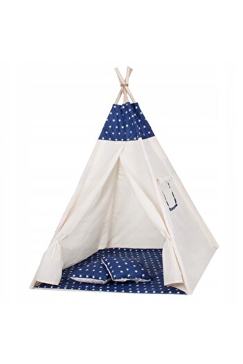 SERSIMO Cort copii stil indian Teepee Tent cu fereastra, covoras gros si 2 perne, alb cu stelute