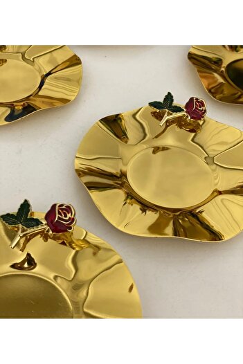 SEVA ÇELİK STAINLESS STEEL GOLD COLOR 6-PIECE TEA PLATE WITH ROSE ACCESSORIES