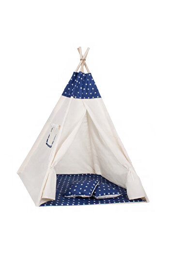 SERSIMO Cort copii stil indian Teepee Tent cu fereastra, covoras gros si 2 perne, alb cu stelute