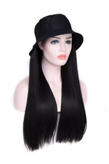 sharpdo Black Bucket Hat High Temperature Silk Long Straight Hair Synthetic Wig