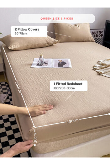 LUNA HOME 3-Piece Set: queen-size fitted bedsheet and two pillowcases, washable cotton in a beige color.