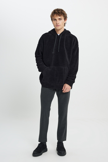 AC&Co / Altınyıldız Classics Ανδρικό μαύρο oversize φούτερ Sherpa με κουκούλα Fleece