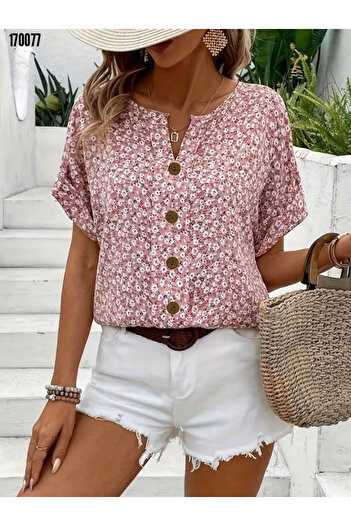 moda wanilia Women's Notch Collar Floral Single Jersey Blouse