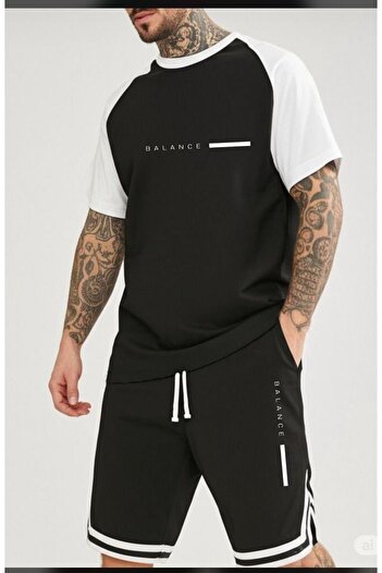 CAST COLLECTİON Men's Black-White Raglan Sleeve Oversize Tshirt Black Extraforlu Shorts Balance Set