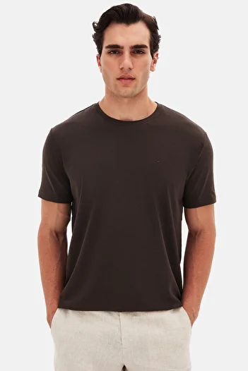 D'S Damat Ds Damat Regular Fit Καφέ Απλό Κεντημένο 100% Βαμβακερό T-Shirt