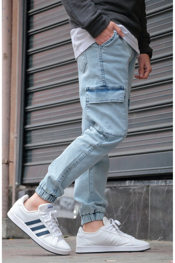 Osyday Men's Ice Blue Jogger Cargo Pocket Jeans - Elastic Waist and Leg, Stretch Fabric