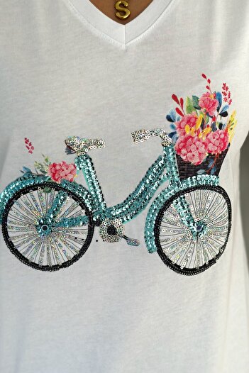 FEMELLE Bicycle Pul Embroidered V Neck White Women's 100% Cotton T-Shirt