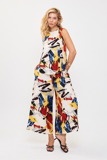 Buklemoda Tie Waist Double Pockets Patterned Pants and Blouse Set