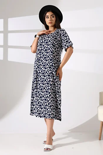 ÖNE BUTİK Women's Summer Large Size Short Sleeve Square Collar Combed Cotton Dress Li̇ka Pa