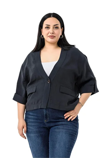 DISENTIS MODEST Plus Size One Button Short Black Jacket with Low Half Sleeves Epaulettes Pockets