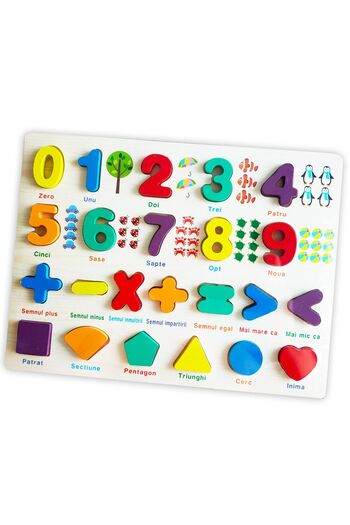sallma Puzzle educativ din lemn, cifre, semne matematice, forme geometrice, cu semnificatie pe tablita, in