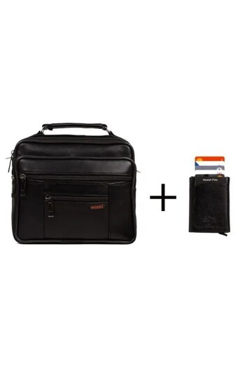 Newish Men's Black Genuine Leather Hand Shoulder Bag and Mechanism Wallet