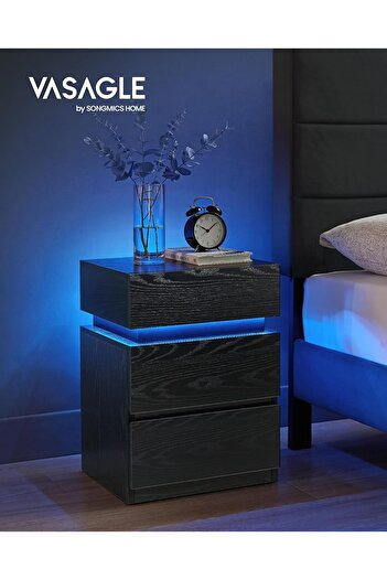 VASAGLE MDF Bedside Table with LED Lighting, Adjustable Colors and Intensity, 35x40x55cm, Black