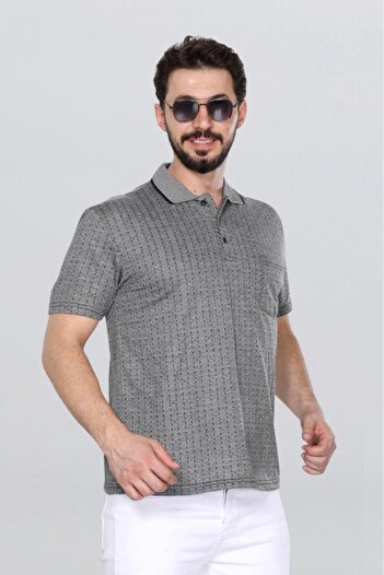 HEDEFNUR TEKSTİL Men's Father Gray T-Shirt with Collar and Pocket Patterned New Model Jacquard Classic Cut