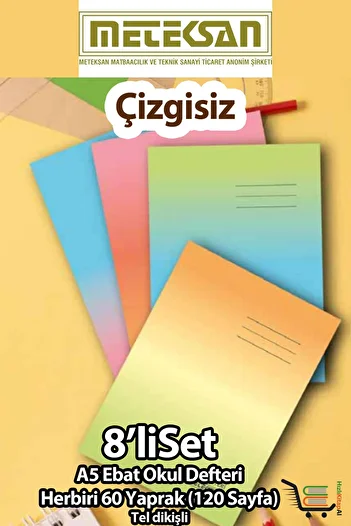 Meteksan Unlined School Notebook A5 Size 60 Sheets (120 Pages) Cardboard Cover Wire Stitched