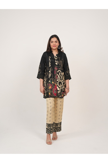 Lehar Black & Beige Printed Co-Ord Set – Traditional Motif Kurta & Pant Ensemble