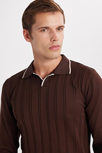 Tudors Men's Slim Fit Slim Fit Brown Polo Neck Sweater with Stripe Detail