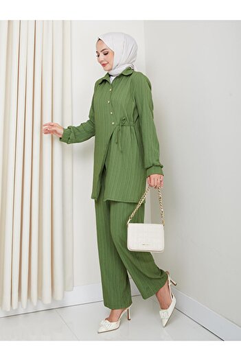 Hb Harma Time Butik Women's Belted Buttoned Strawberry Fabric Green Double Suit