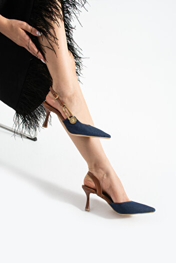 Pretty Girl Blue Denim Pointed Toe Button Buckle Thin Heel Shoes Stiletto (Heel Height 8cm)