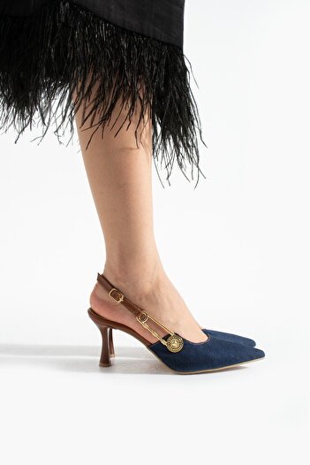 Pretty Girl Blue Denim Pointed Toe Button Buckle Thin Heel Shoes Stiletto (Heel Height 8cm)