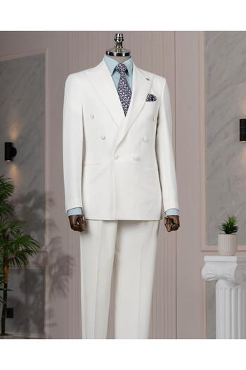 TerziAdemAltun Italian Style Double-Breasted Jacket Pants Suit Ecru T14195