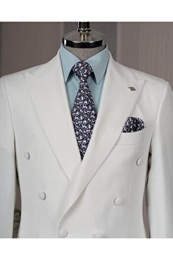 TerziAdemAltun Italian Style Double-Breasted Jacket Pants Suit Ecru T14195