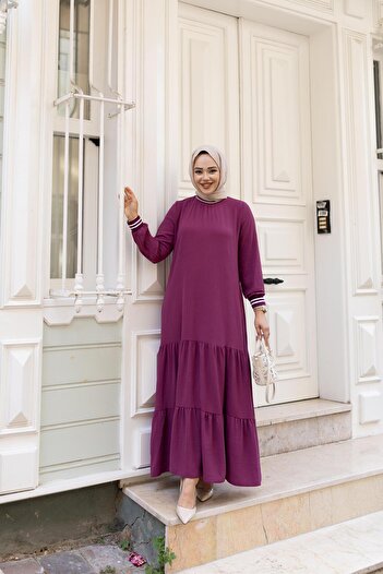 Hb Harma Time Butik Women's Layered Ribbed Fuchsia Hijab Dress