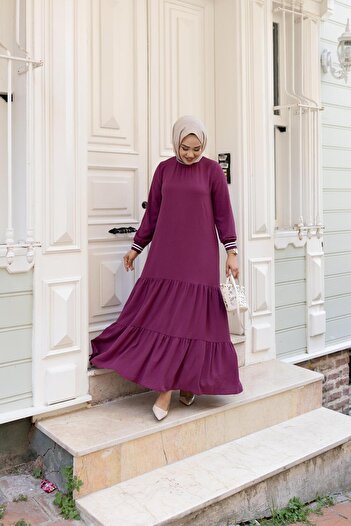 Hb Harma Time Butik Women's Layered Ribbed Fuchsia Hijab Dress