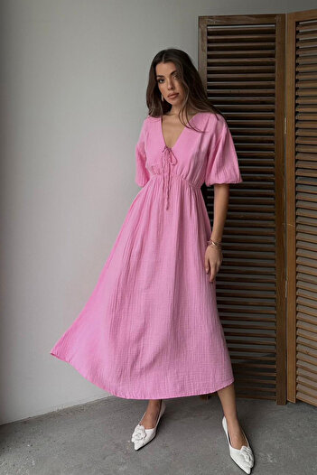 VAGGON Women's Pink V-Neck Elastic Waist Short Sleeve Muslin Fabric Dress Vs00666