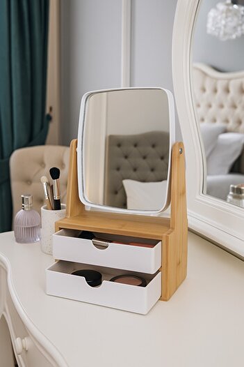 Bayev Wenken Bamboo 2 Drawer Organizer with Mirror 3469 - Makeup and Jewelry Organizer