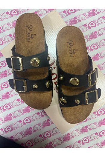 LAMEDORE Black Double Buckle Women's Casual Slippers with Gold Detail