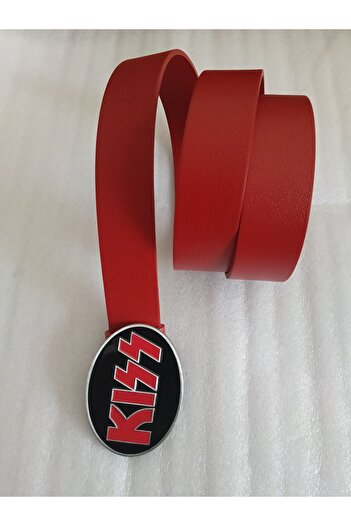 Butik Tülin Unisex Authentic Genuine Cowhide Leather Red Silver Enamel Kiss Cowboy Buckle Belt