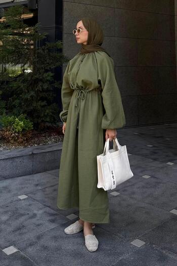 lamelif Μπαλόνι μανίκι δεμένο χιτζάμπ φόρεμα χακί