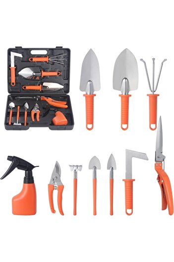 SOFAL Set of 10 Garden Tools for Planting, Soil Work and Plant Care, Orange Handles, PVC and Stainless Ste
