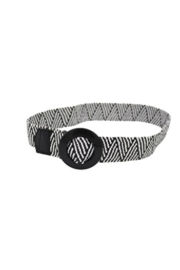 Anatolia Black-White Striped Black Buckle Elastic Straw Braid Belt 4 cm X 100 cm