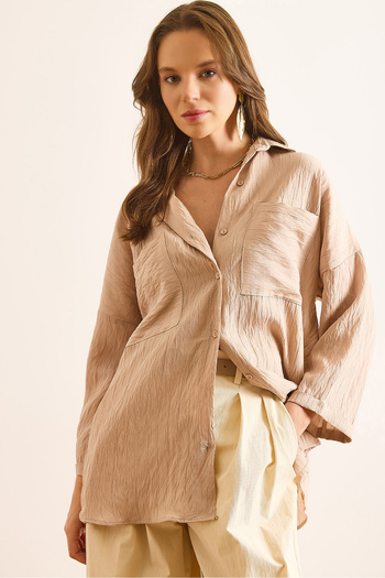 Olalook Women's Mink Double Pocket Three Quarter Sleeve Draped Shirt Gml-19001374