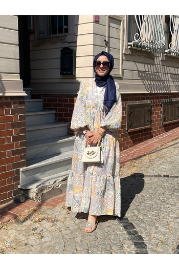 Tuğba Sarı Ethnic Patterned Cream Dress