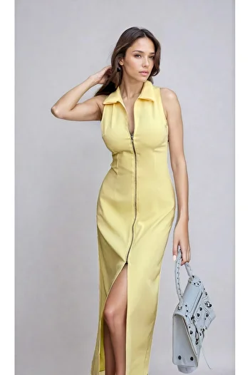 OLSAMODA Women's Front Zipper Shirt Collar Slit Midi Dress