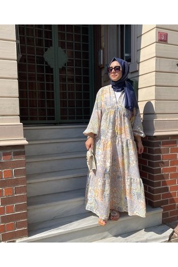 Tuğba Sarı Ethnic Patterned Cream Dress