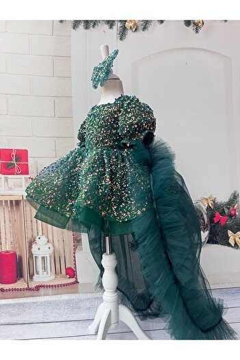 Nissa Green Stone Tailed Girl's Evening Dress