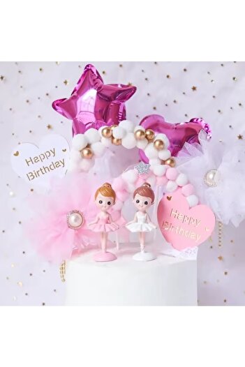 Laviyosa Pasta Kek Dekorasyon Pembe Beyaz Tüy Topu Kemer Balon Kek Toppers Doğum Günü Partisi Dekor Süsü
