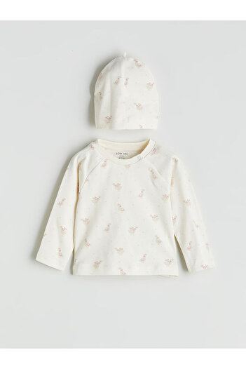 LC Waikiki Ecru Printed Baby Girl T-Shirt, Pants and Beret 3-Piece Set