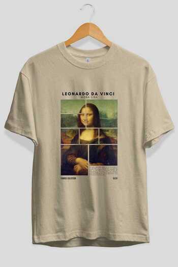 Ankhises Leonardo Da Vinci Mona Lisa μπροστινό εμπριμέ μπλουζάκι υπερμεγέθη ανδρικό γυναικείο βαμβακερό μπλουζάκι με λαιμόκοψη