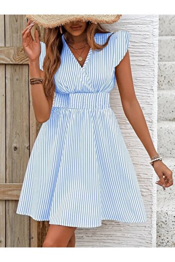 buğrahayalin Women's Short Sleeve Double Breasted Collar Poplin Dress