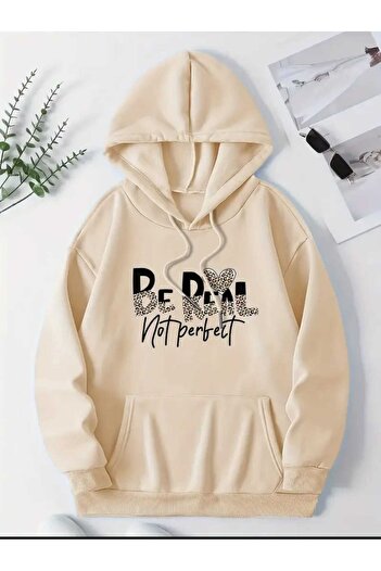 caddekombin Μπλουζάκι με κουκούλα Be Real Not Perfect με τυπωμένη επιφάνεια, με τσέπη και εσωτερικό μάλλινο μπεζ φούτερ