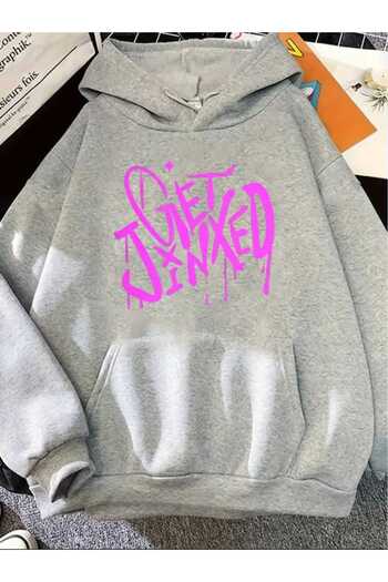 caddekombin Get Jinxed Graffiti Printed Hooded Pocket Gray Sweatshirt with Wool Inside