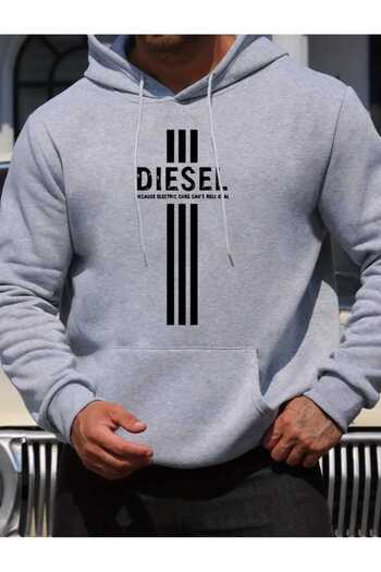 caddekombin Three Line Printed Hooded Pocket Gray Sweatshirt with Wool Inside
